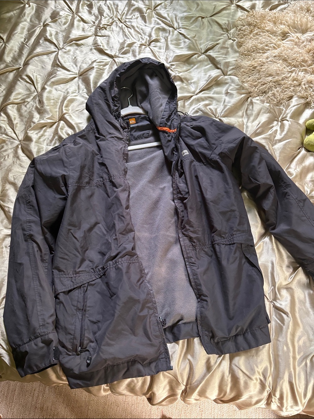 Quiksilver Black Hooded Rain Jacket with Fleece Lining
